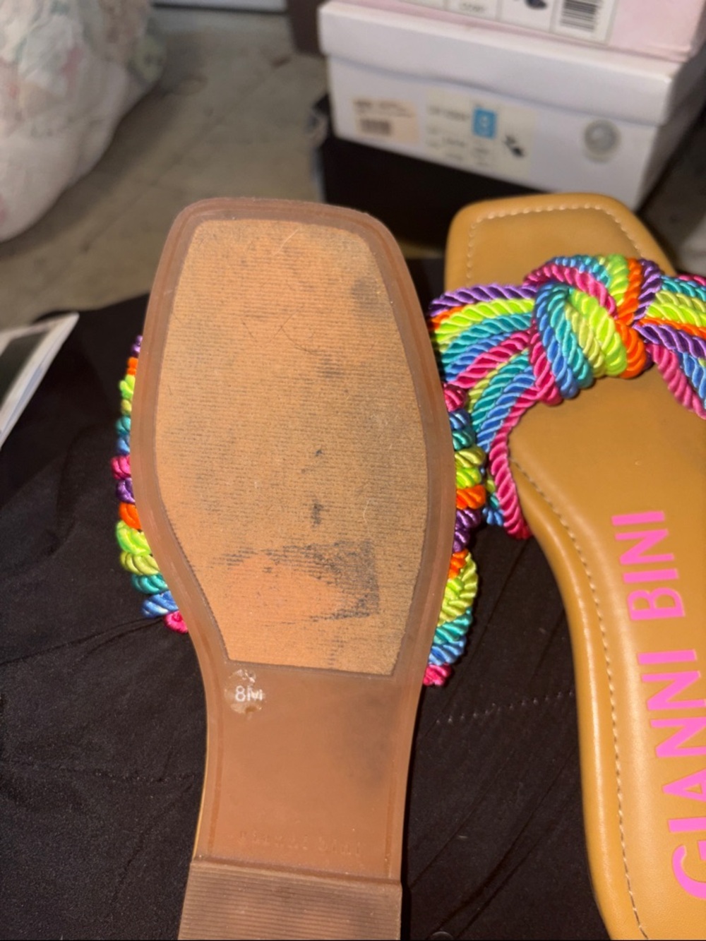 Gianni Bini Tan Slides with Multicolor Knotted Rope Straps - Picture 2 of 3